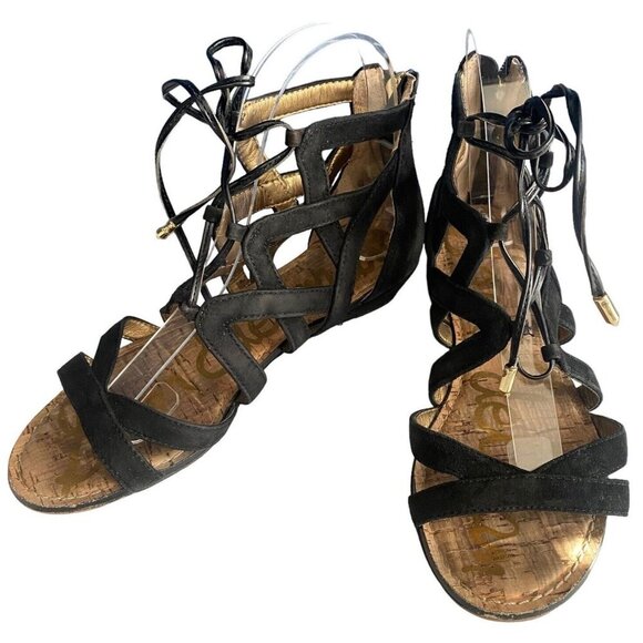 SAM EDELMAN Sandals Size 6 Black Dawson Suede Strap Gladiator Greek Open Toe s-4 - Picture 2 of 13